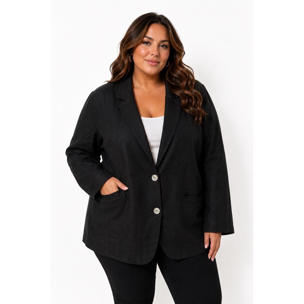 Jennifer Moore Black Linen Blazer Plus Size 18W 2 Button Minimalist Jacket